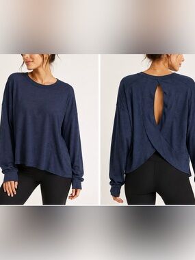 Harmony Balance Navy Oversized Back-Cutout Long Sleeve Top NWT Yoga Workout